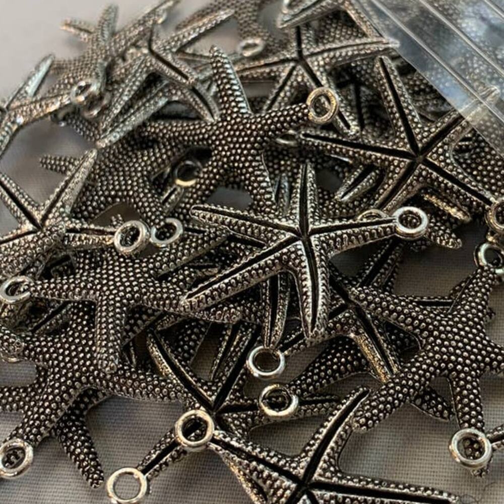 New 1 Dozen Silver Starfish Charms Pendants w Necklace Loops Jewelry Making